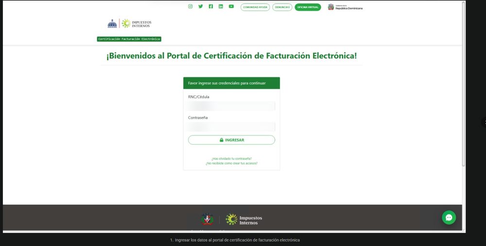 Pantalla de autenticación del Portal de Certificación de Facturación Electrónica de la DGII