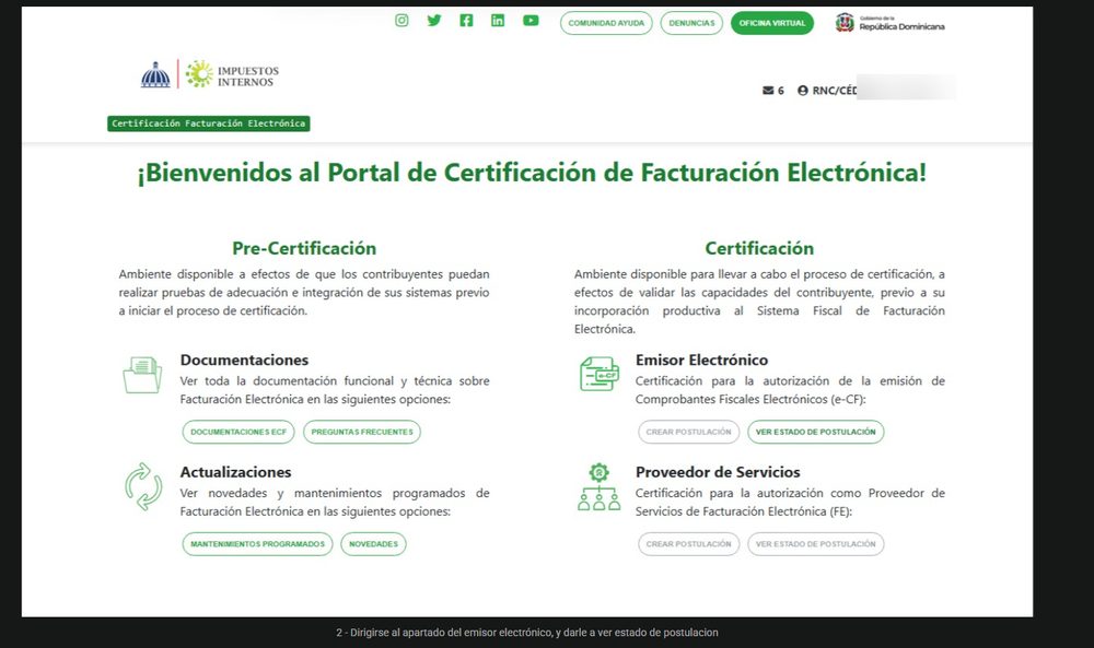 Página principal del portal DGII con la opción Ver estado de postulación para Emisor Electrónico